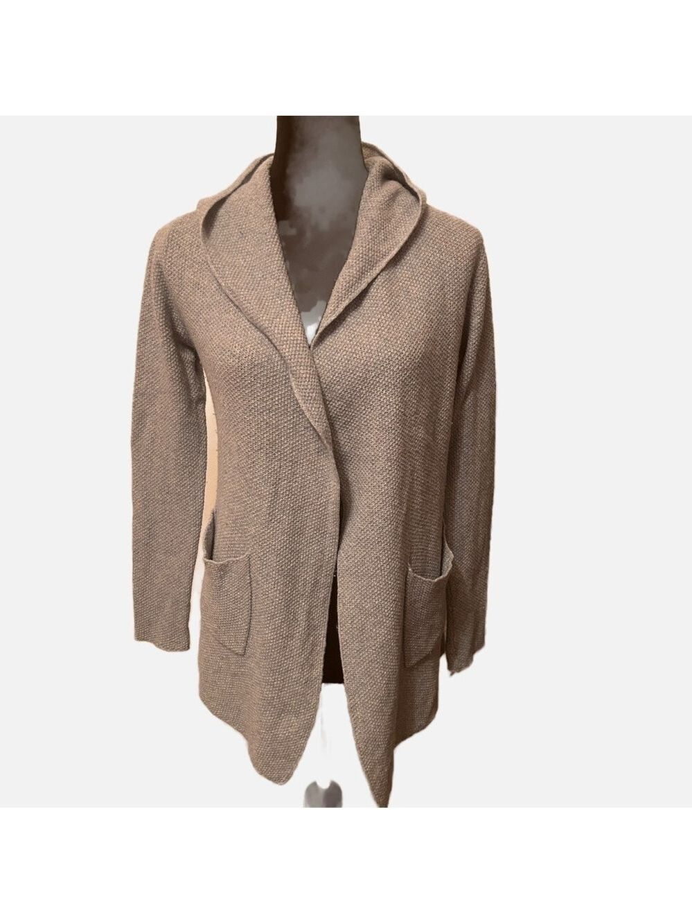 Eileen Fisher Women Open Front Cardigan Sweater Hood Pockets PS Wool Nylon Silk